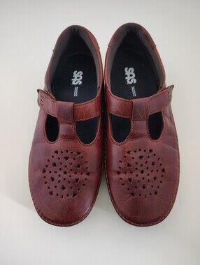 SAS Willow Womens 10 W Walnut Brown Leather T-Strap Mary Jane Loafer EUC